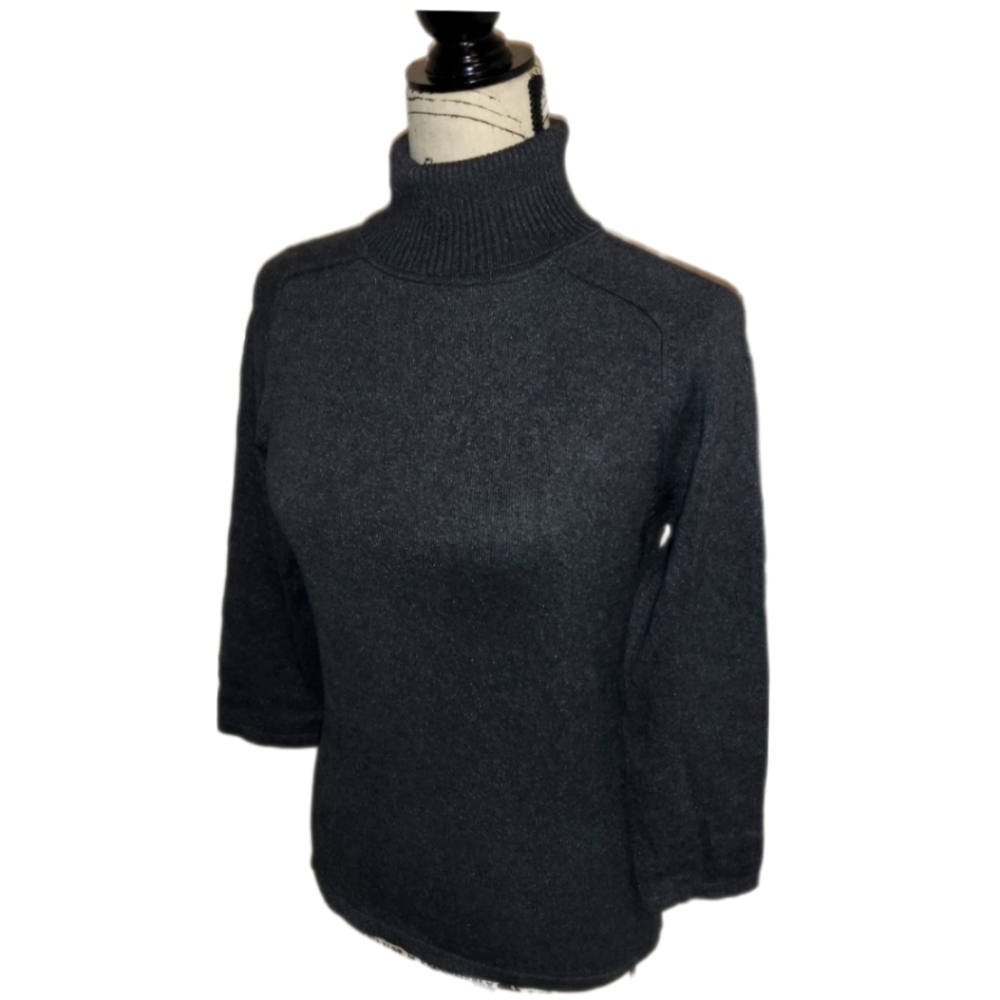NWOT PREVIEW CASHMERE TURTLE NECK SWEATER SILK GRAY 3/4 SLEEVES STRETCH SZ M
